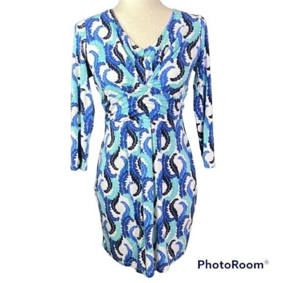 BODEN Feathered Shades of Blue Wrap Dress Sz 6 EUC - Picture 1 of 7